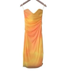 Zara Strapless Ombré Tulle Midi Dress Orange Yellow Ruched Bodycon Size S